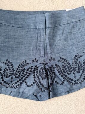 LOFT Chambray High Waist Shorts with Black Embroidery - Blue